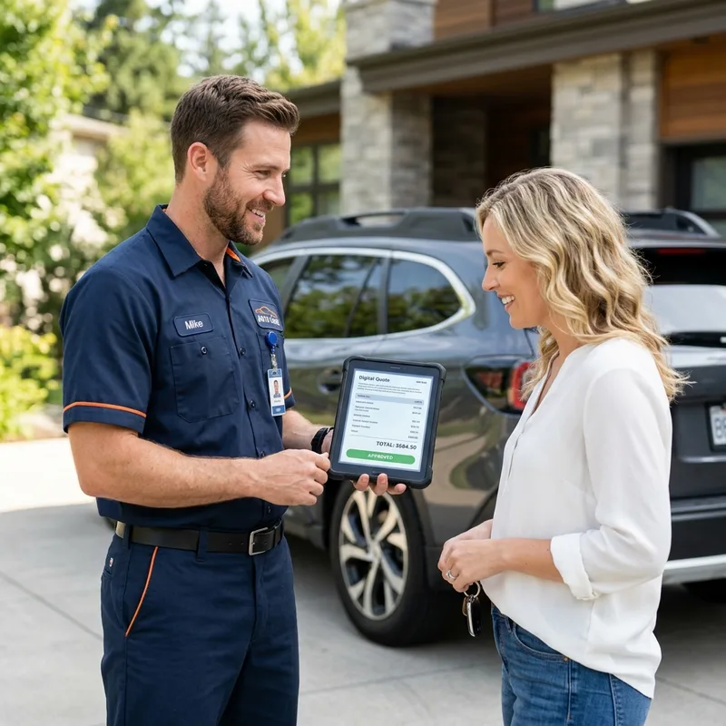 Mechanic showing price details on tablet device