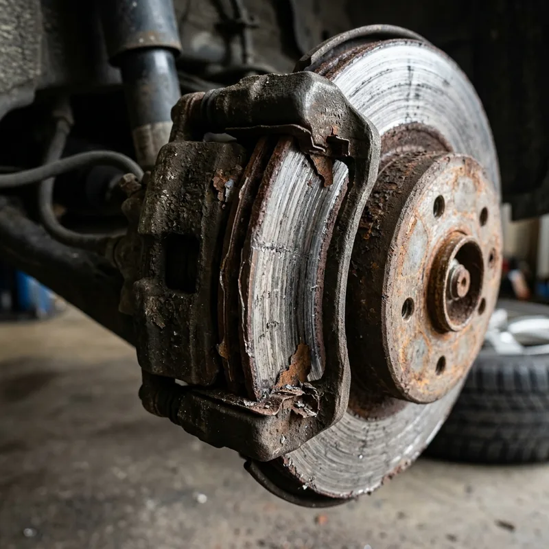 Dangerously worn out thin brake pad with rust