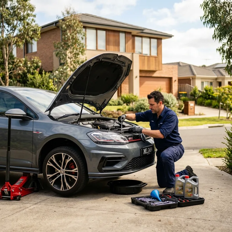 Mechanic performing service at customer house driveway