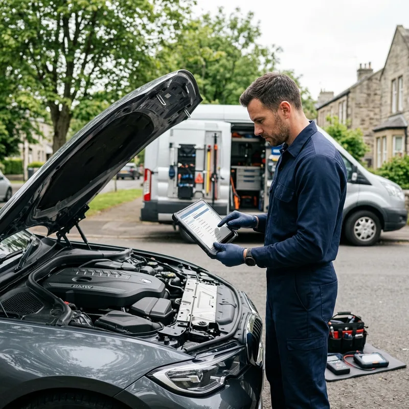 Mechanic reviewing logbook logs on tablet