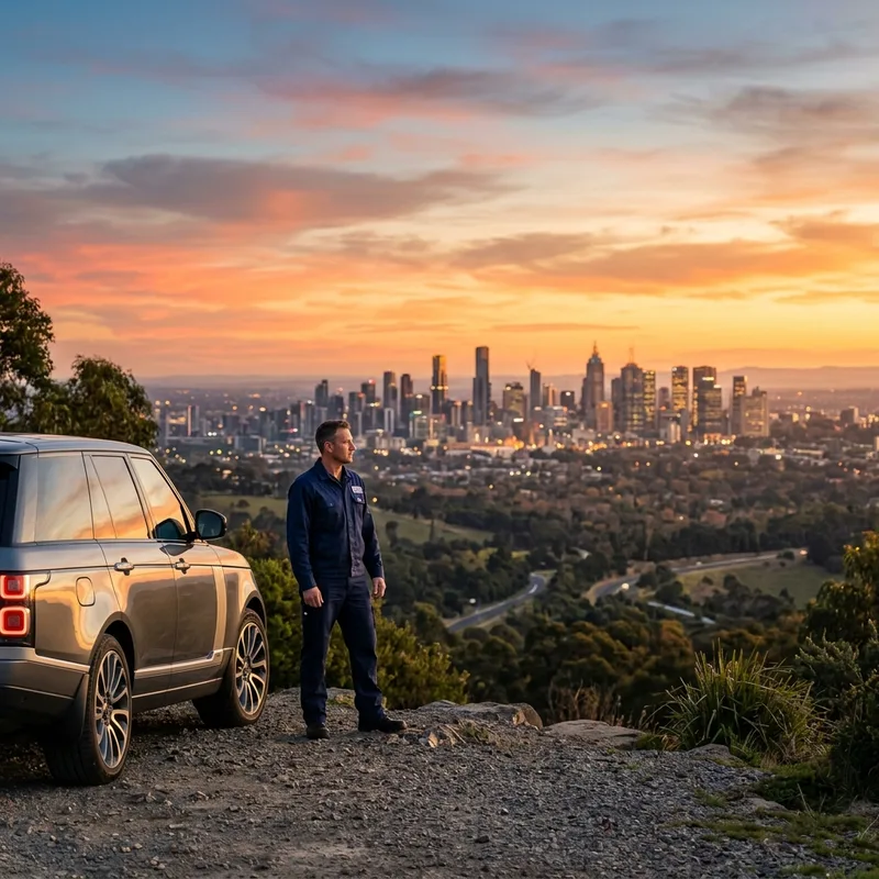 SUV parked overlooking Melbourne sunset skyline background