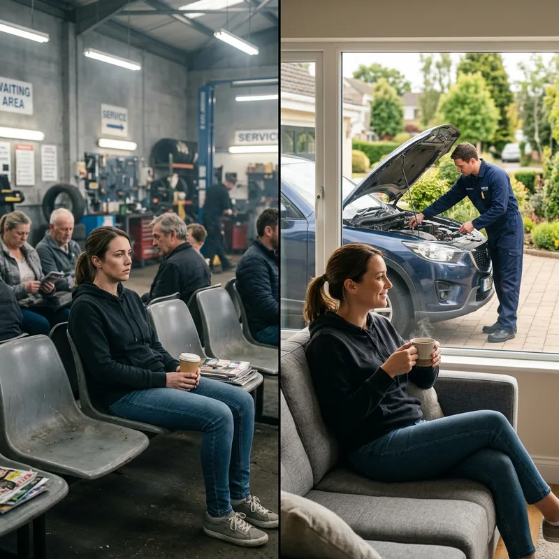 Frustrated client waiting in a mechanic workshop