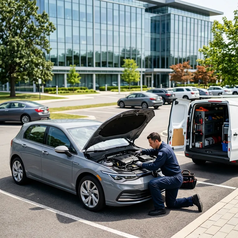 Mechanic working on employee car in office parking lot